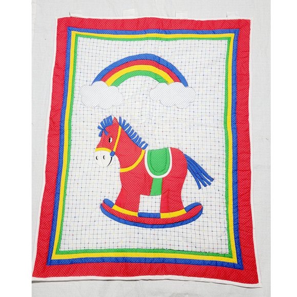Vintage Kid's Room Rocking Horse & Rainbow Handmade Quilted Wall Hang - Picture 2 of 8